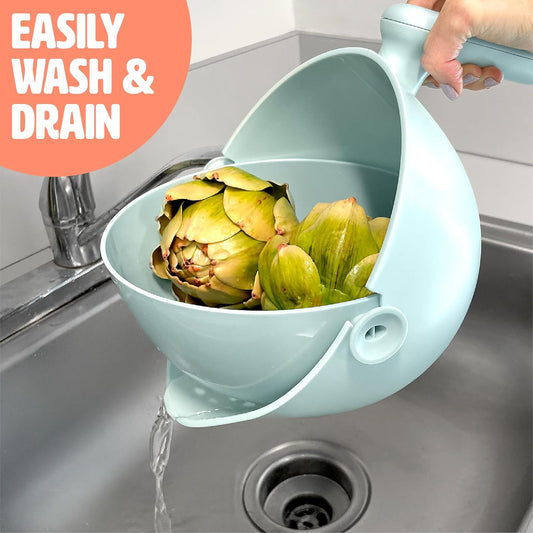 2-in-1 Swing Bowl Colander, Built-In Strainer Basket with Handle, Kitchen Hack for Rinsing and Draining for Fruits, Vegetables, and Pasta, 2.1-Quart Bowl + 1.9-Quart Strainer, Aqua