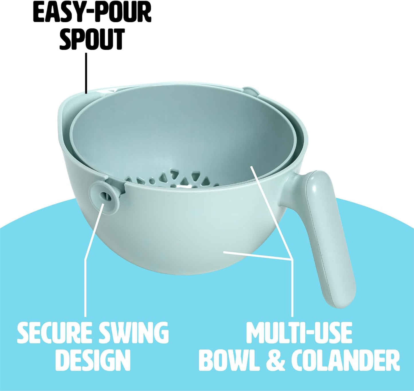 2-in-1 Swing Bowl Colander, Built-In Strainer Basket with Handle, Kitchen Hack for Rinsing and Draining for Fruits, Vegetables, and Pasta, 2.1-Quart Bowl + 1.9-Quart Strainer, Aqua