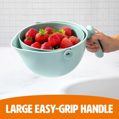 2-in-1 Swing Bowl Colander, Built-In Strainer Basket with Handle, Kitchen Hack for Rinsing and Draining for Fruits, Vegetables, and Pasta, 2.1-Quart Bowl + 1.9-Quart Strainer, Aqua