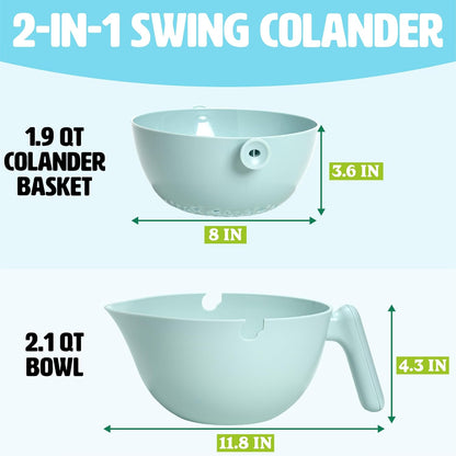 2-in-1 Swing Bowl Colander, Built-In Strainer Basket with Handle, Kitchen Hack for Rinsing and Draining for Fruits, Vegetables, and Pasta, 2.1-Quart Bowl + 1.9-Quart Strainer, Aqua