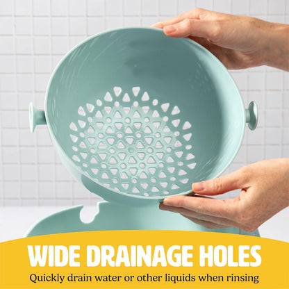 2-in-1 Swing Bowl Colander, Built-In Strainer Basket with Handle, Kitchen Hack for Rinsing and Draining for Fruits, Vegetables, and Pasta, 2.1-Quart Bowl + 1.9-Quart Strainer, Aqua