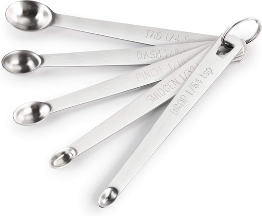 42924 Stainless Steel Mini Measuring Spoons Set, 5-Piece Small Metal Measuring Spoon Set for Spices, Baking, Cooking, Dash, Pinch, Smidgen, Drop, Tad, Silver
