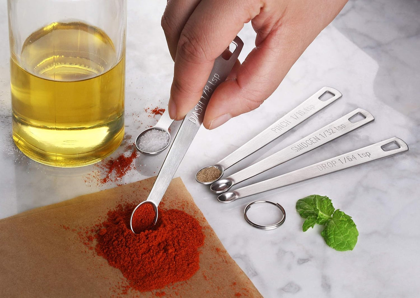 42924 Stainless Steel Mini Measuring Spoons Set, 5-Piece Small Metal Measuring Spoon Set for Spices, Baking, Cooking, Dash, Pinch, Smidgen, Drop, Tad, Silver