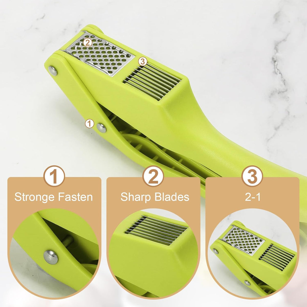 Garlic Press, 7.5 Inch Stainless Steel Garlic Slicer Crusher Tool Kitchen Utensil for Home Cooks and Professional Chefs, Green