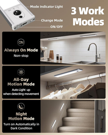 Under Cabinet Lighting with Charging Station, 2400mAh Motion Sensor Light, LED Coutner Lights Wireless, 3000K Dimmable, Timer, Magnetic, with Remote Control for Kitchen, Closet, Stair