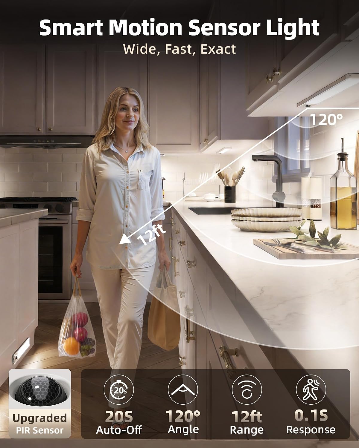Under Cabinet Lighting with Charging Station, 2400mAh Motion Sensor Light, LED Coutner Lights Wireless, 3000K Dimmable, Timer, Magnetic, with Remote Control for Kitchen, Closet, Stair