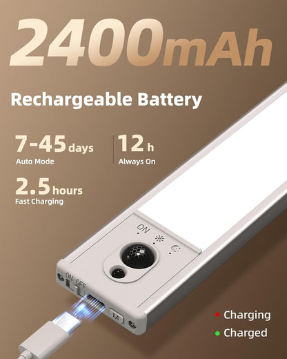 Under Cabinet Lighting with Charging Station, 2400mAh Motion Sensor Light, LED Coutner Lights Wireless, 3000K Dimmable, Timer, Magnetic, with Remote Control for Kitchen, Closet, Stair
