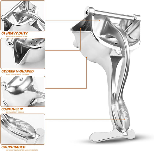 Lemon Squeezer, Aluminium Alloy Manual Fruit Juicer Citrus Juicer | Hand Press Heavy Duty Manual Squeeze Extractor Tool for Pressing Lemons, Oranges, Pomegranates and Limes - Silver