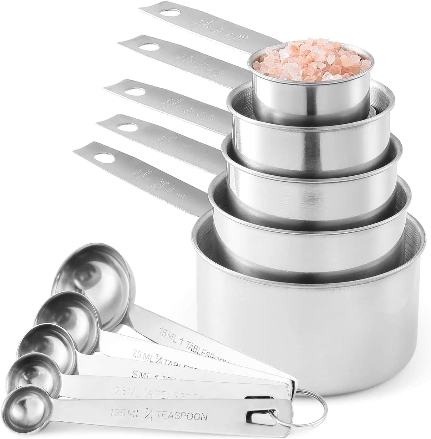 Stainless Steel Measuring Cups and Spoons Set, 10-Piece | Satin-brushed Steel, Engraved Metric and US Standard Markings, Elongated Handles, Nesting Ring Storage, and Dishwasher Safe