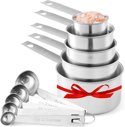 Stainless Steel Measuring Cups and Spoons Set, 10-Piece | Satin-brushed Steel, Engraved Metric and US Standard Markings, Elongated Handles, Nesting Ring Storage, and Dishwasher Safe