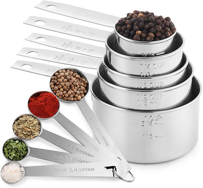Stainless Steel Measuring Cups and Spoons Set, 10-Piece | Satin-brushed Steel, Engraved Metric and US Standard Markings, Elongated Handles, Nesting Ring Storage, and Dishwasher Safe
