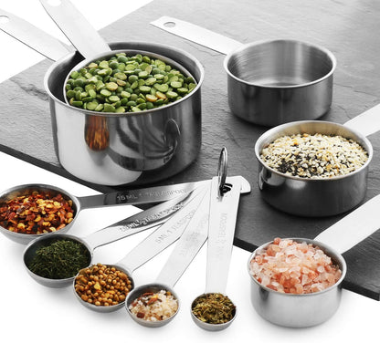 Stainless Steel Measuring Cups and Spoons Set, 10-Piece | Satin-brushed Steel, Engraved Metric and US Standard Markings, Elongated Handles, Nesting Ring Storage, and Dishwasher Safe