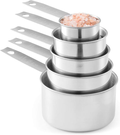 Stainless Steel Measuring Cups and Spoons Set, 10-Piece | Satin-brushed Steel, Engraved Metric and US Standard Markings, Elongated Handles, Nesting Ring Storage, and Dishwasher Safe