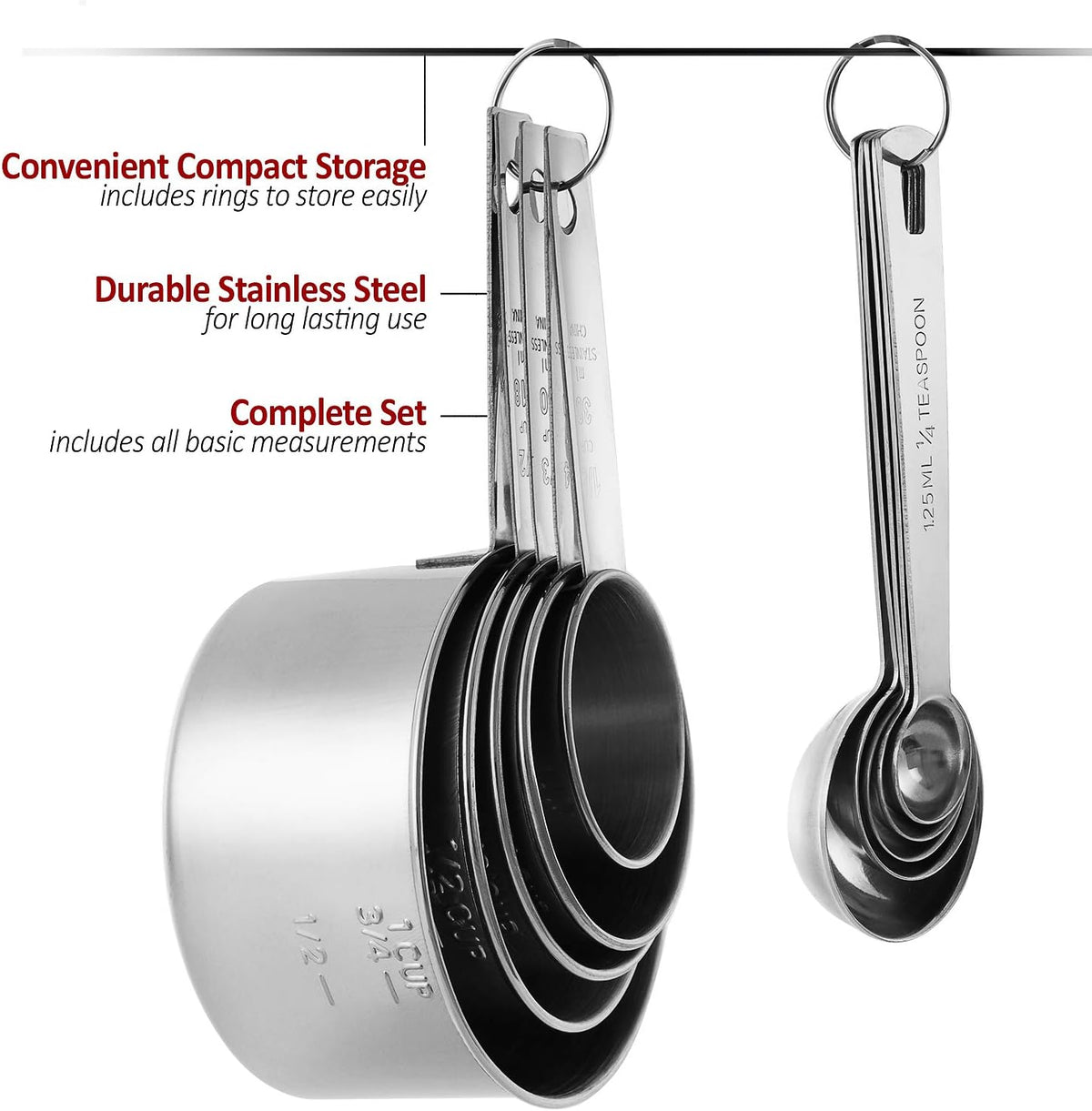 Stainless Steel Measuring Cups and Spoons Set, 10-Piece | Satin-brushed Steel, Engraved Metric and US Standard Markings, Elongated Handles, Nesting Ring Storage, and Dishwasher Safe