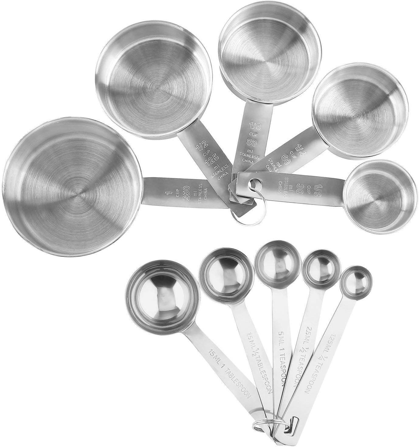 Stainless Steel Measuring Cups and Spoons Set, 10-Piece | Satin-brushed Steel, Engraved Metric and US Standard Markings, Elongated Handles, Nesting Ring Storage, and Dishwasher Safe