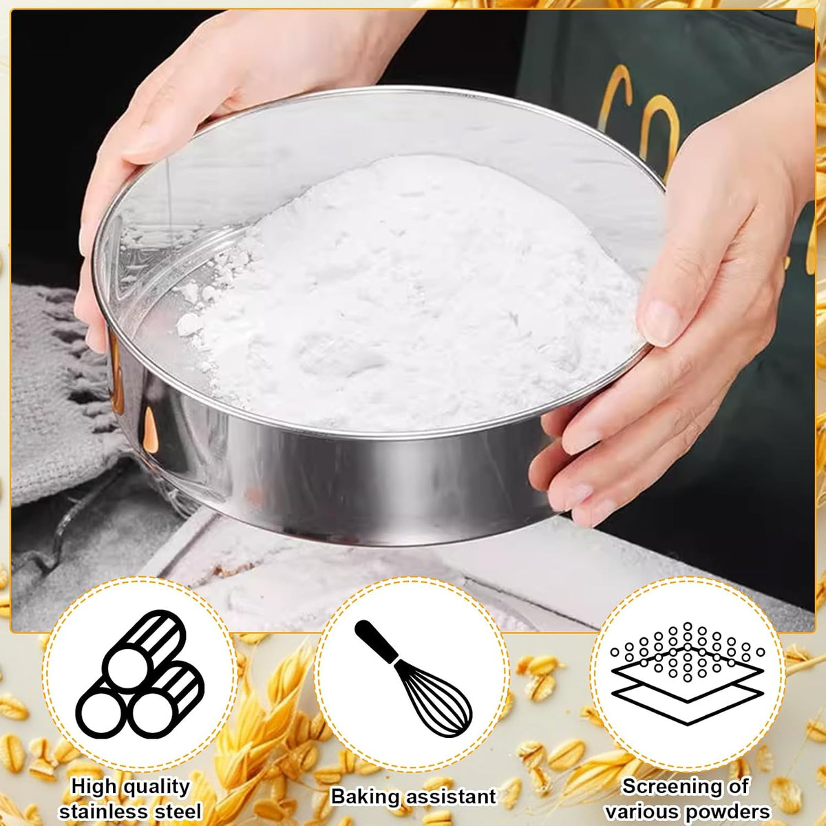 2 Pcs Round Flour Sieve Stainless Steel Round Flour Sifter 8 Inch and 6 Inch 60 Mesh Fine Mesh Flouring Sieve for Baking Cake Bread