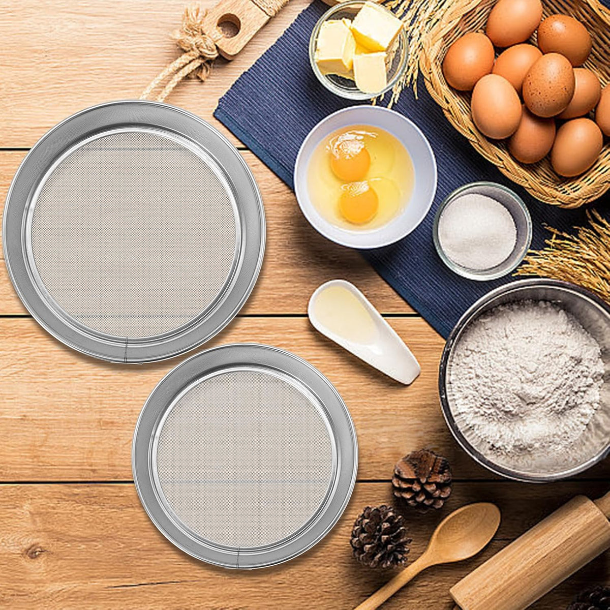 2 Pcs Round Flour Sieve Stainless Steel Round Flour Sifter 8 Inch and 6 Inch 60 Mesh Fine Mesh Flouring Sieve for Baking Cake Bread