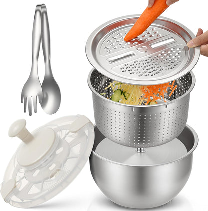 6L Stainless Steel Salad Spinner Set with Grater and Food Clip