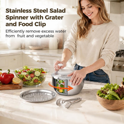 6L Stainless Steel Salad Spinner Set with Grater and Food Clip