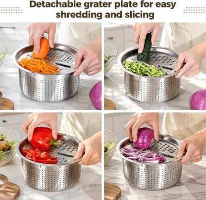 6L Stainless Steel Salad Spinner Set with Grater and Food Clip