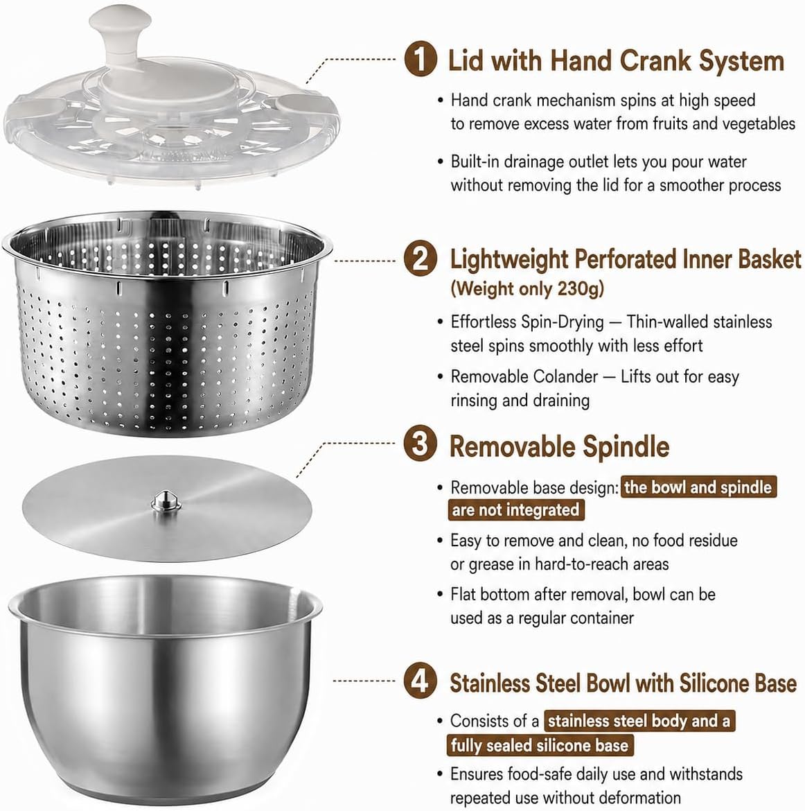 6L Stainless Steel Salad Spinner Set with Grater and Food Clip