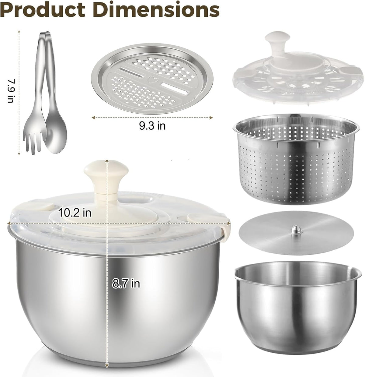 6L Stainless Steel Salad Spinner Set with Grater and Food Clip