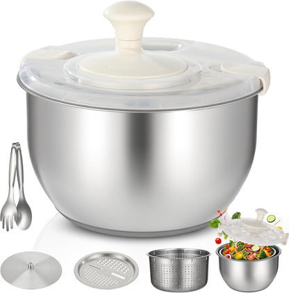 6L Stainless Steel Salad Spinner Set with Grater and Food Clip