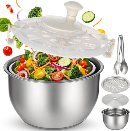 6L Stainless Steel Salad Spinner Set with Grater and Food Clip