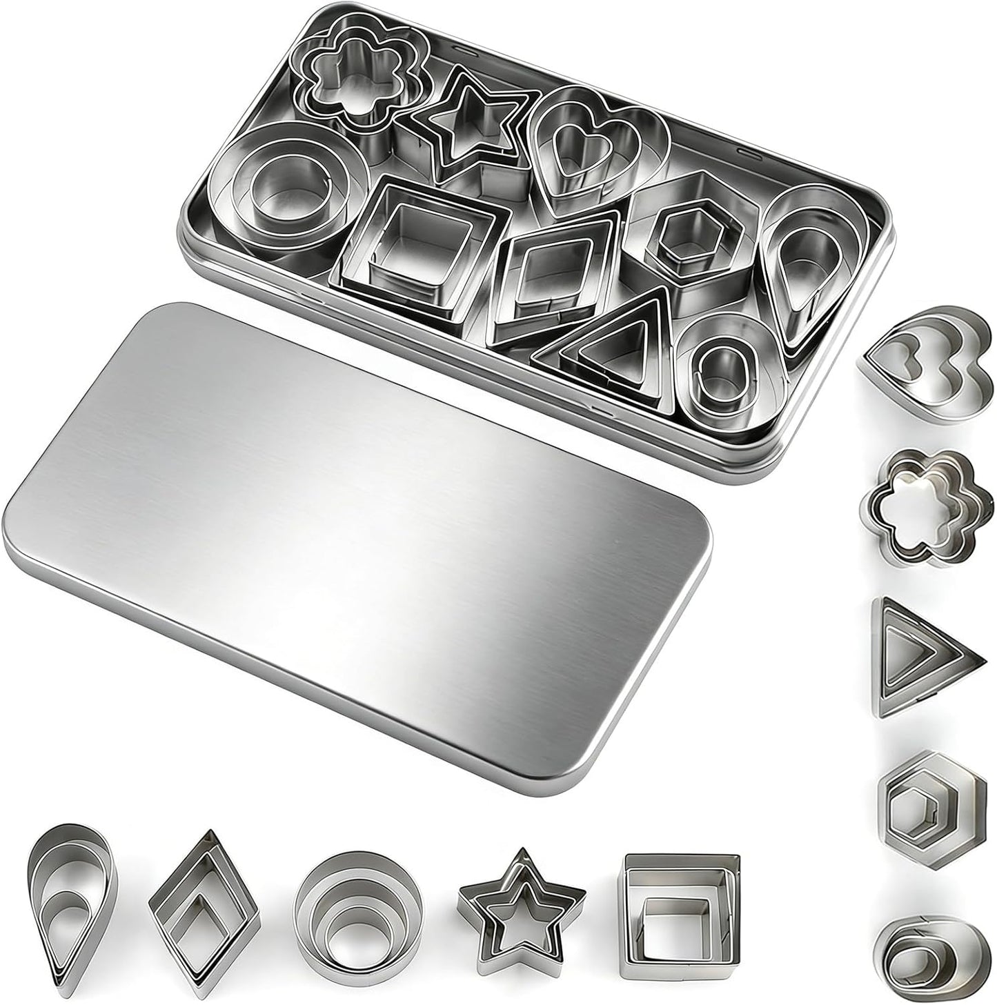 shuielia 30Pcs Mini Geometric Cookie Cutter Set with Box - Stainless Steel Small Cutters for Biscuit, Fruit, Veggie, Polymer Clay & Fondant Baking Tools