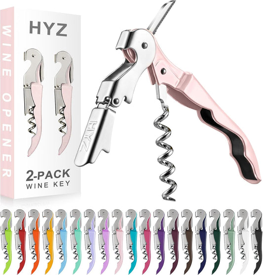 2-Pack Wine Opener, Waiter Corkscrew Wine Key for Server, Pink | Professional Wine Bottle Opener with Foil Cutter for Bartender. Double-hinged Corkscrew for Smooth Pull. Sturdy for Daily Use