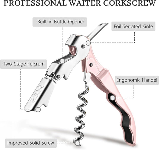 2-Pack Wine Opener, Waiter Corkscrew Wine Key for Server, Pink | Professional Wine Bottle Opener with Foil Cutter for Bartender. Double-hinged Corkscrew for Smooth Pull. Sturdy for Daily Use