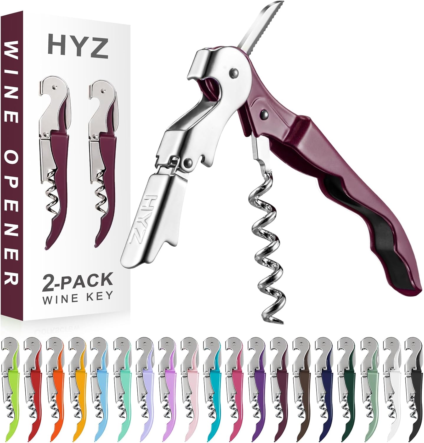 2-Pack Wine Opener, Waiter Corkscrew Wine Key for Server, Pink | Professional Wine Bottle Opener with Foil Cutter for Bartender. Double-hinged Corkscrew for Smooth Pull. Sturdy for Daily Use
