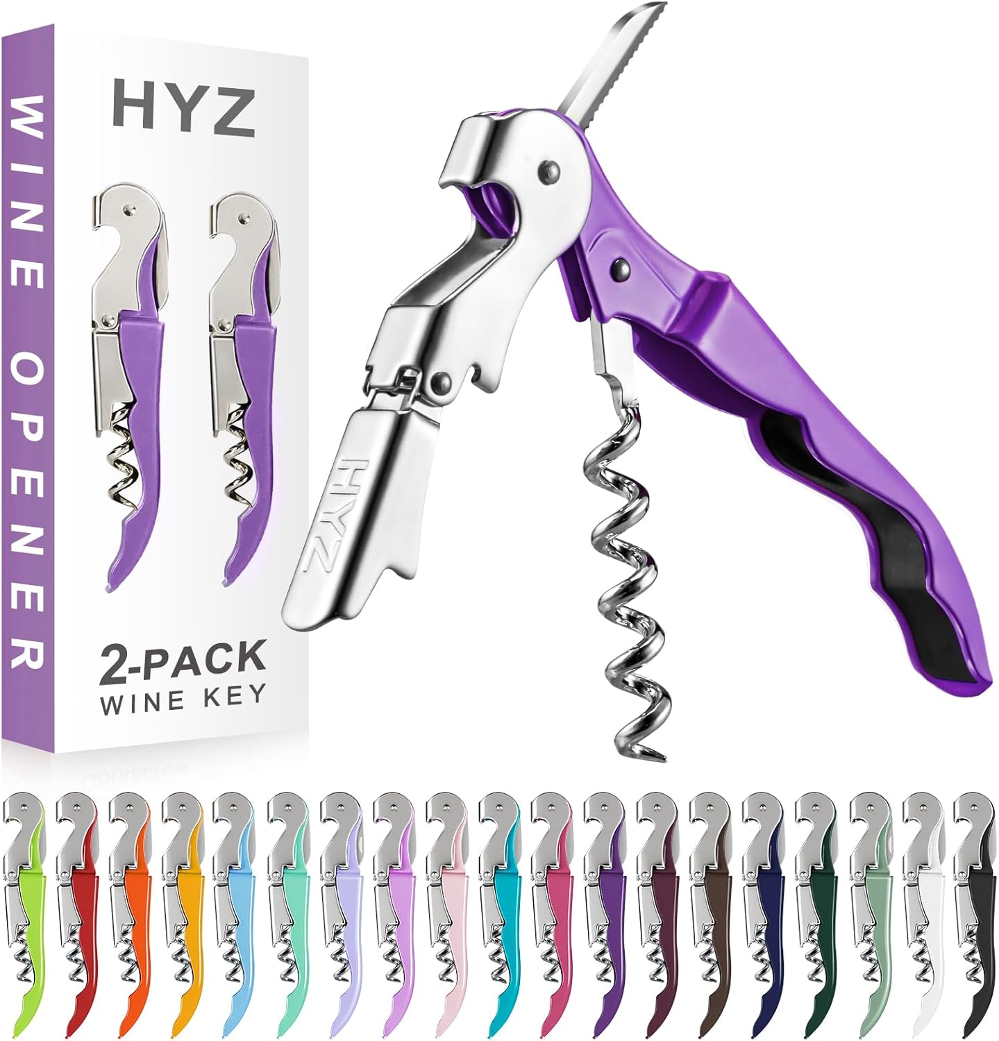 2-Pack Wine Opener, Waiter Corkscrew Wine Key for Server, Pink | Professional Wine Bottle Opener with Foil Cutter for Bartender. Double-hinged Corkscrew for Smooth Pull. Sturdy for Daily Use
