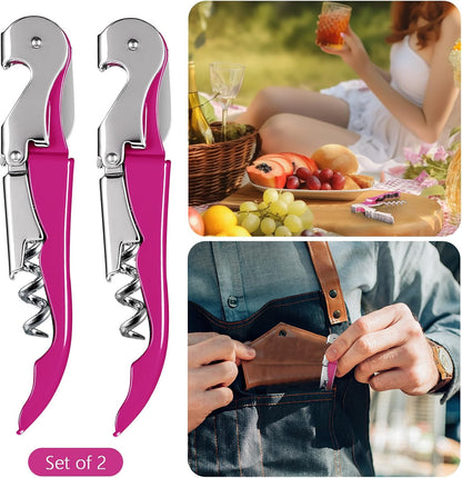 2-Pack Wine Opener, Waiter Corkscrew Wine Key for Server, Pink | Professional Wine Bottle Opener with Foil Cutter for Bartender. Double-hinged Corkscrew for Smooth Pull. Sturdy for Daily Use