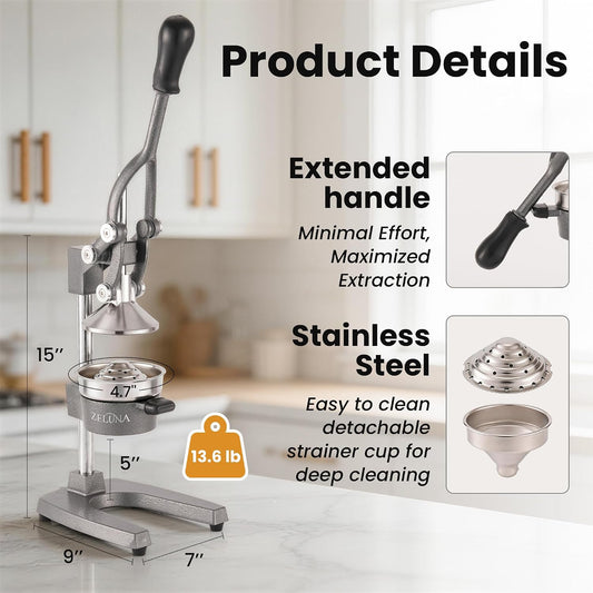Cast Iron Manual Hand Press Juicer for Citrus & Pomegranate,Grey | Stainless Steel Heavy Duty Squeezer,Easy to Clean,Effortless Lever-Press Design,For Home Cooks,Health Enthusiasts,Bartenders