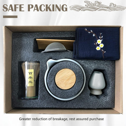 9Pcs Japanese Matcha Tea Set, Matcha Bowl with Pouring Spout, Matcha Whisk, Ceramic Whisk Holder, Tea Scoop, Matcha Powder Caddy, Traditional Handmade Matcha Ceremony Gift Box Kit