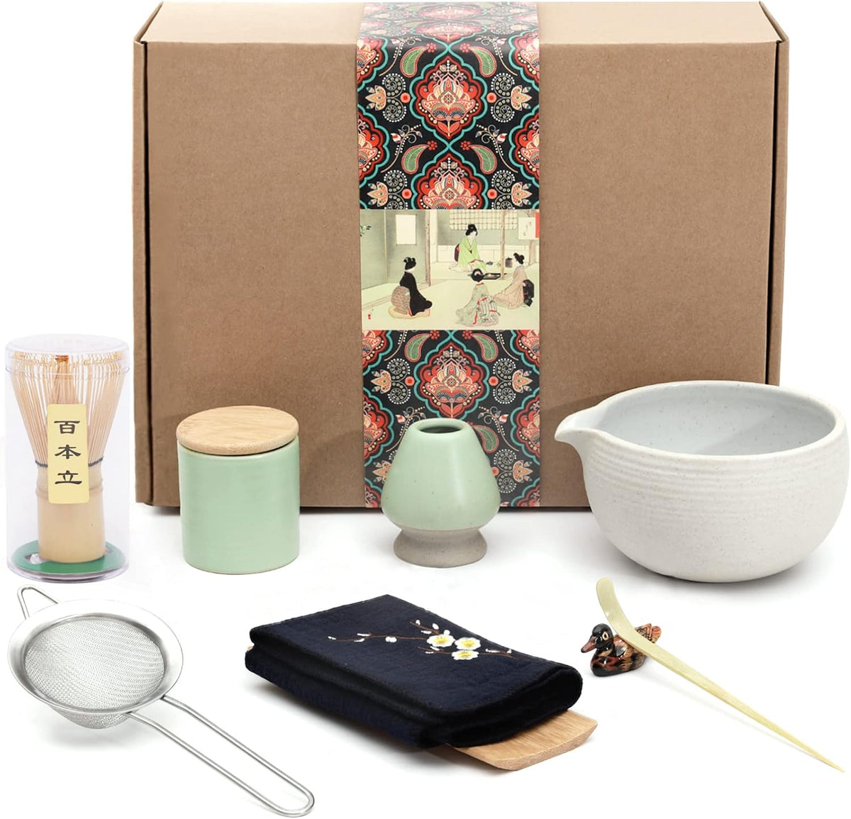 9Pcs Japanese Matcha Tea Set, Matcha Bowl with Pouring Spout, Matcha Whisk, Ceramic Whisk Holder, Tea Scoop, Matcha Powder Caddy, Traditional Handmade Matcha Ceremony Gift Box Kit