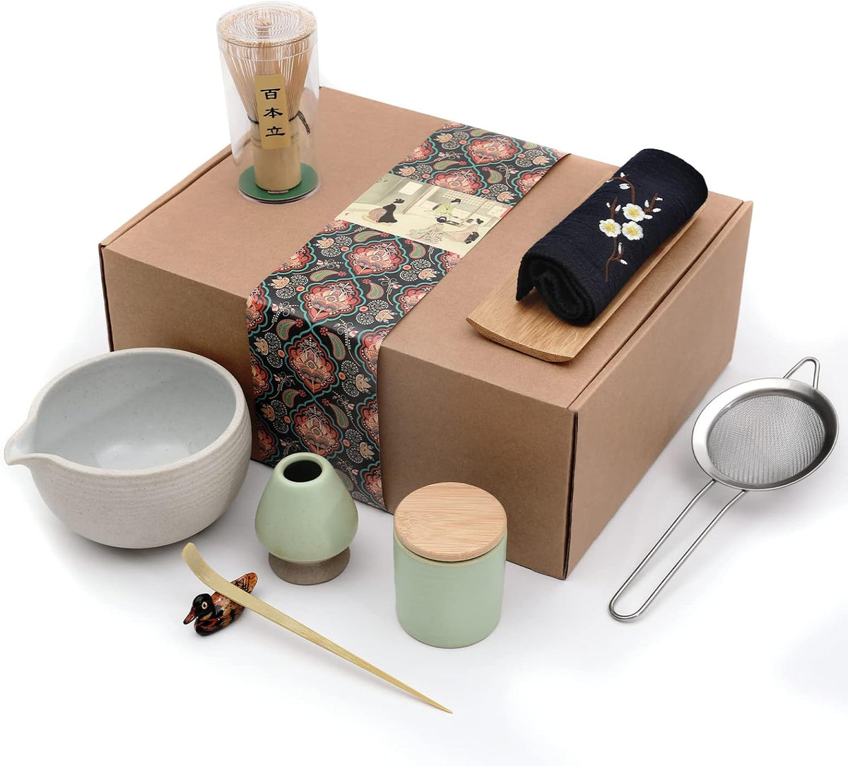 9Pcs Japanese Matcha Tea Set, Matcha Bowl with Pouring Spout, Matcha Whisk, Ceramic Whisk Holder, Tea Scoop, Matcha Powder Caddy, Traditional Handmade Matcha Ceremony Gift Box Kit