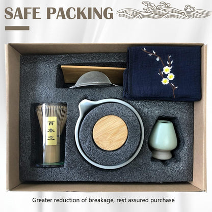 9Pcs Japanese Matcha Tea Set, Matcha Bowl with Pouring Spout, Matcha Whisk, Ceramic Whisk Holder, Tea Scoop, Matcha Powder Caddy, Traditional Handmade Matcha Ceremony Gift Box Kit