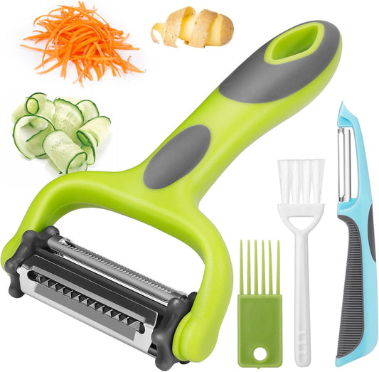 Julienne Peeler, Potato Vegetable Peeler for Kitchen, I and Y Potato Peelers for Apple Fruit Carrot Zucchini Cucumber Veggie, 3 in 1 Blade Spin Design, Anti-Slip Handle