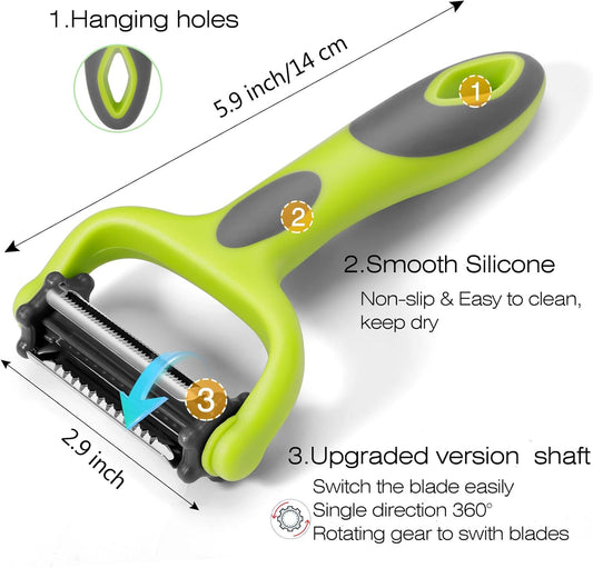 Julienne Peeler, Potato Vegetable Peeler for Kitchen, I and Y Potato Peelers for Apple Fruit Carrot Zucchini Cucumber Veggie, 3 in 1 Blade Spin Design, Anti-Slip Handle