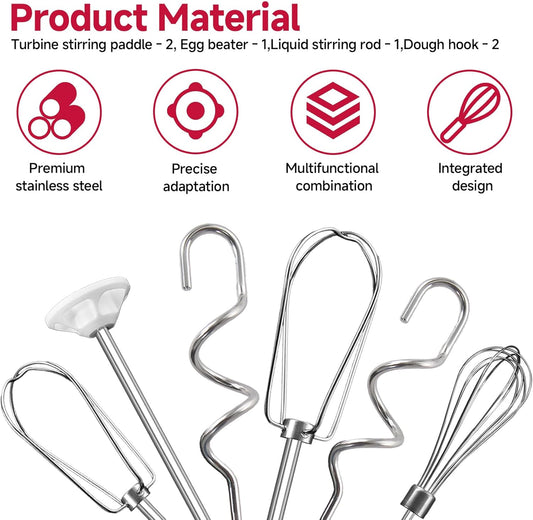 Hand Mixer Attachments Beater for Kitchenaid Hand Mixers KHM3 KHM5 KHM7 KHM9, Including Whisk, Mixing Rod and Dough Hook, Stainless Steel Hand Mixer Accessories (Set of 6)