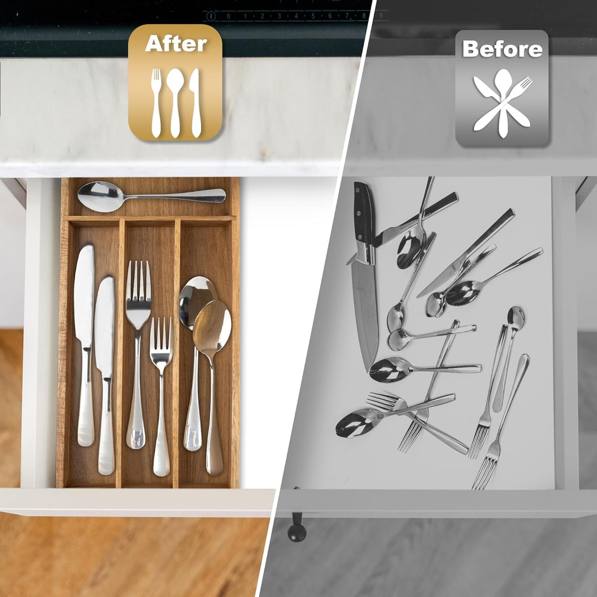Silverware Organizer Small Bamboo Kitchen Drawer Organizer Utensil Organizer Silverware Holder Cutlery Organizer in drawer Flatware Organizer Tray (Black 4 Slots)