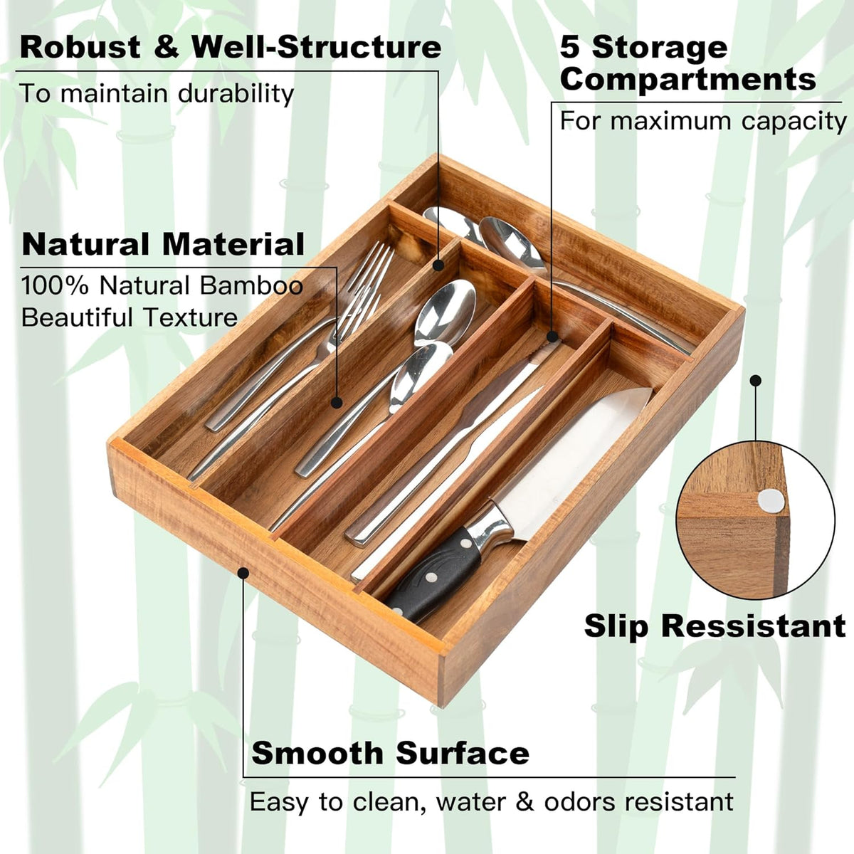 Silverware Organizer Small Bamboo Kitchen Drawer Organizer Utensil Organizer Silverware Holder Cutlery Organizer in drawer Flatware Organizer Tray (Black 4 Slots)