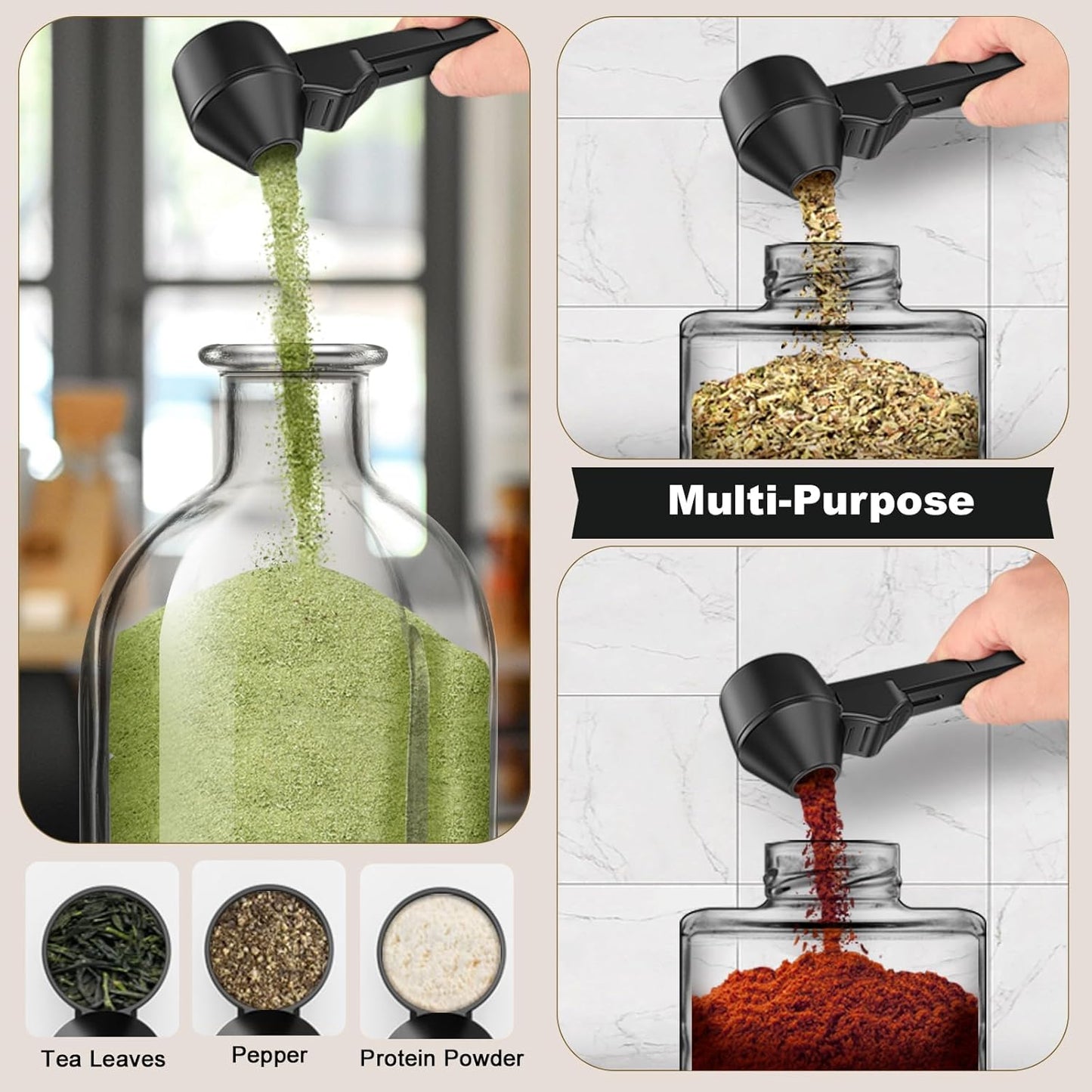 Coffee Scoop & Funnel for Reusable K Cup Refillable Coffee Pods, Coffee Measuring Spoon 2 Tablespoon Capacity, Scoop with Funnel for Ground Coffee, Protein Powder, Tea (Black, 1 Pack)