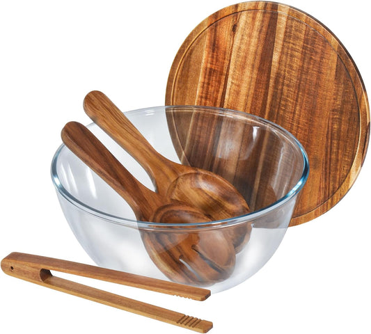 Glass Salad Bowl Set, 4.8QT with Acacia Wood Lid & Utensils | Large heavy-duty glass bowl,lid doubles as charcuterie board,airtight seal,dishwasher safe,perfect for parties & daily use