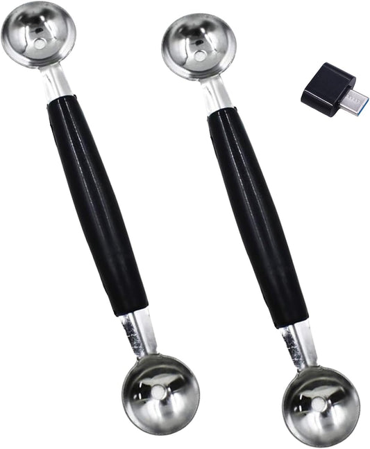 2 Pack Stainless Steel Melon Baller, Double Melon Baller, Double Ended Headed Fruit Icecream Ball Spoon, Baller Scoops for Fruits, Vegetables, Butter & More Type-C Convertor, 17.5cm, Black