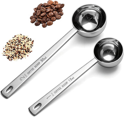 2 Pack Coffee Scoop, 304 Food Grade Stainless Steel Long Handle Measuring Tablespoons, 1Tbsp 15ml & 2Tbsp 30ml for Ground Coffee Bean Tea Sugar Baking Powder