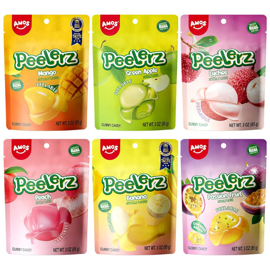 AMOS Peelerz Peelable Gummy Candy Variety Pack, Mango White Peach Banana Green Apple Passion Fruit Lychee, Soft Chewy Fruit Snack, Pack of 6