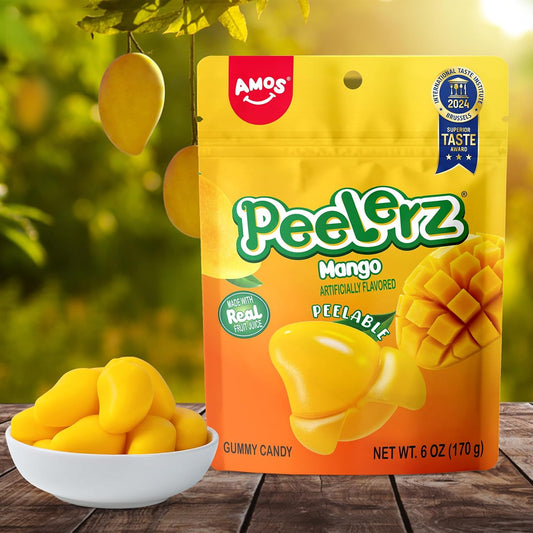 AMOS Peelerz Peelable Gummy Candy Variety Pack, Mango White Peach Banana Green Apple Passion Fruit Lychee, Soft Chewy Fruit Snack, Pack of 6
